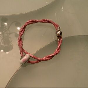 Pandora Pink Leather Bracelet w/Silver clasp+Breast Cancer Tribute Charm